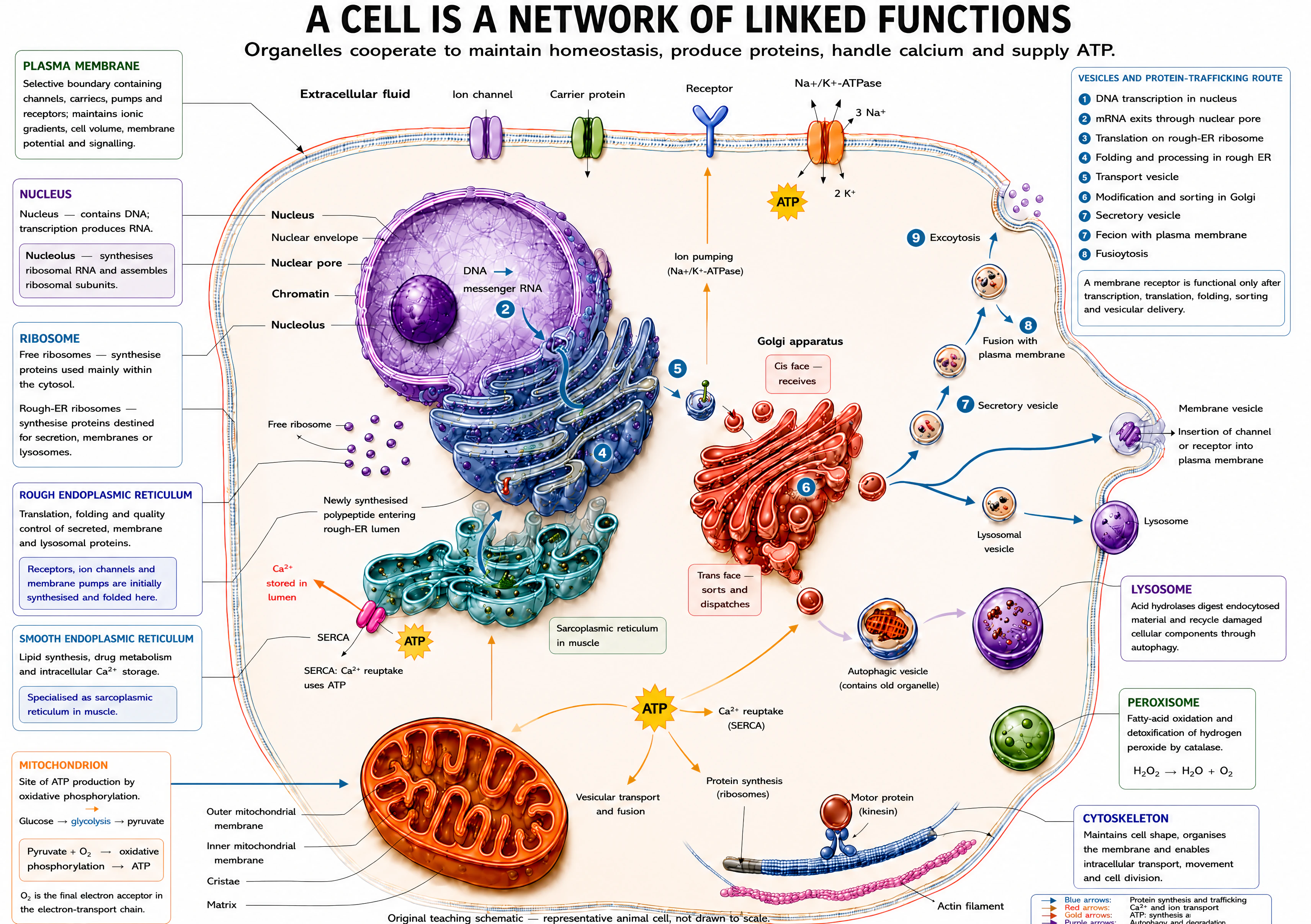 Representative nucleated animal cell. The plasma membrane carries ion channels, carrier proteins, receptors and the Na⁺/K⁺-ATPase (3 Na⁺ out, 2 K⁺ in, ATP-driven). The nucleus contains chromatin and a nucleolus within a nuclear envelope perforated by pores; DNA is transcribed to messenger RNA. Rough endoplasmic reticulum, studded with ribosomes, translates and folds secreted, membrane and lysosomal proteins. Smooth endoplasmic reticulum handles lipid synthesis, drug metabolism and calcium storage, specialised as sarcoplasmic reticulum in muscle, with SERCA using ATP for calcium reuptake. The Golgi apparatus receives at its cis face and sorts and dispatches at its trans face. A vesicle-trafficking route runs from transcription through nuclear export, ribosomal translation, rough-ER folding, transport vesicle, Golgi modification and sorting, secretory vesicle, fusion with the plasma membrane and exocytosis. Mitochondria with outer and inner membranes, cristae and matrix produce ATP by oxidative phosphorylation. Lysosomes digest endocytosed material and recycle damaged organelles by autophagy; peroxisomes handle fatty-acid oxidation and hydrogen peroxide. The cytoskeleton, with motor proteins on actin filaments, maintains shape and enables intracellular transport.