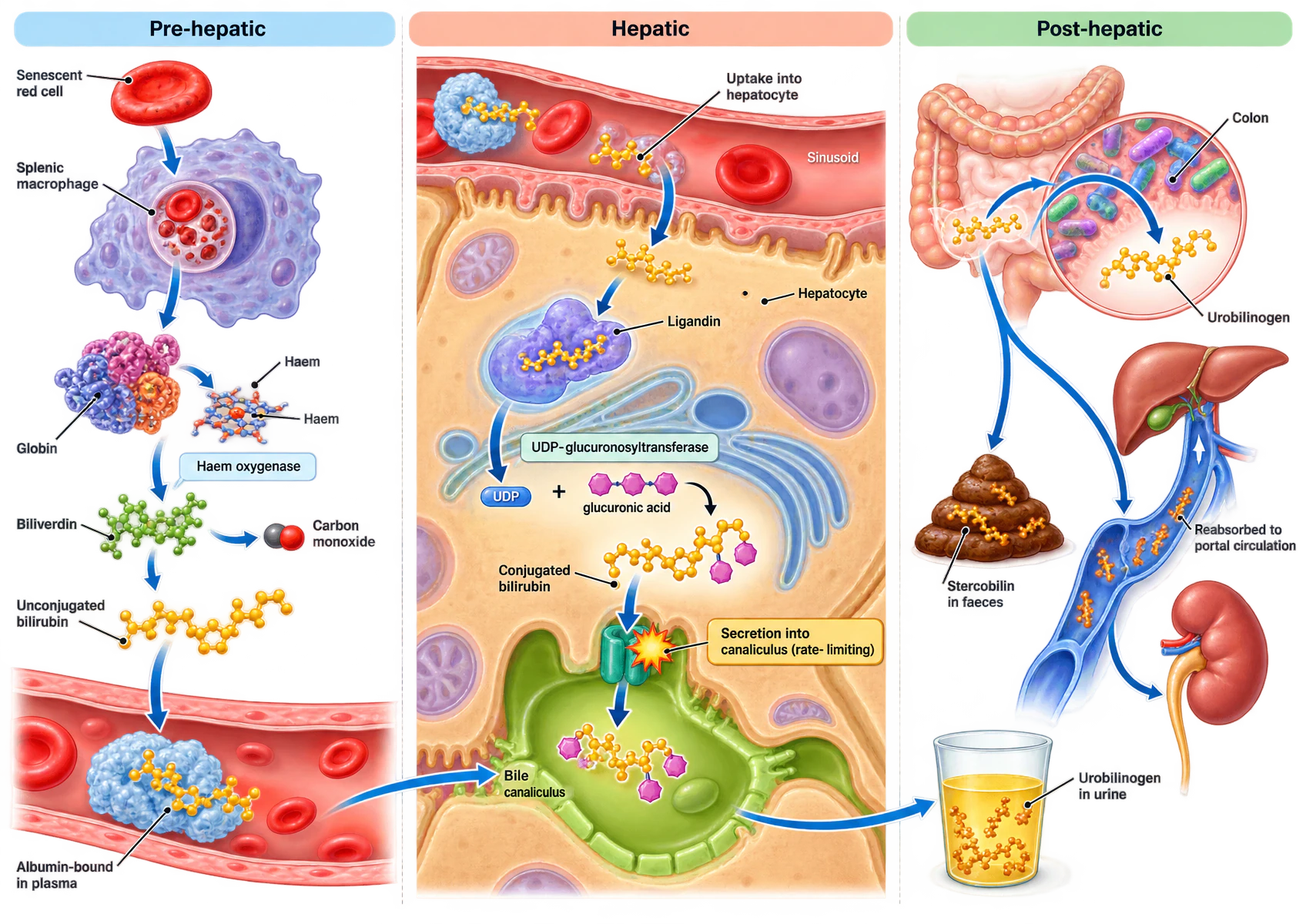 Bilirubin metabolism in three panels. Pre-hepatic: a senescent red cell is phagocytosed by a splenic macrophage, haemoglobin is split into globin and haem, haem oxygenase converts the porphyrin ring to biliverdin releasing carbon monoxide, biliverdin is reduced to unconjugated bilirubin, which binds albumin in plasma. Hepatic: uptake into the hepatocyte, binding to ligandin, conjugation with glucuronic acid by UDP-glucuronosyltransferase, and secretion into the bile canaliculus as the rate-limiting step. Post-hepatic: colonic bacteria convert conjugated bilirubin to urobilinogen, which is either oxidised to stercobilin and lost in faeces, reabsorbed to the portal circulation, or excreted by the kidney in urine.