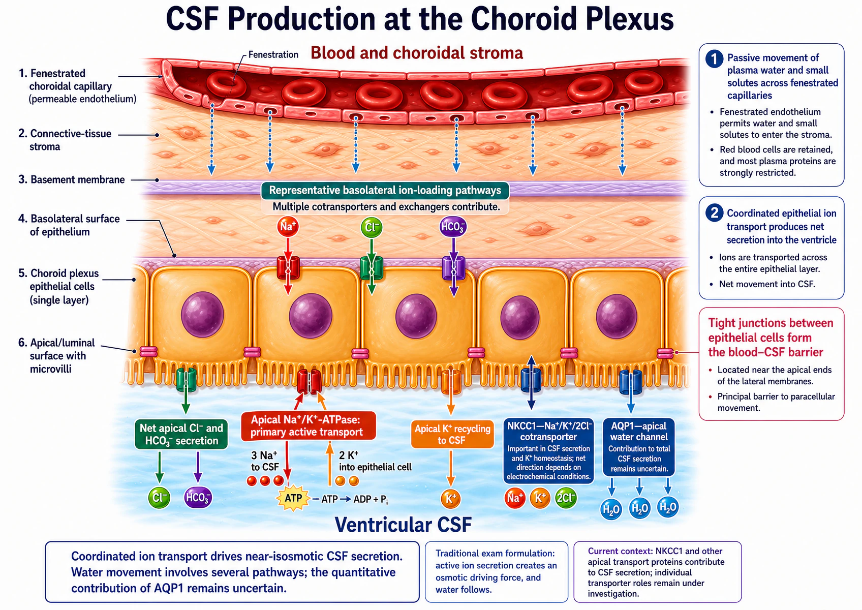 Cross-section through a choroid plexus villus, from blood at the top to ventricular CSF at the bottom. A fenestrated choroidal capillary with permeable endothelium carries red blood cells; dotted arrows show passive movement of plasma water and small solutes through the fenestrations into a connective-tissue stroma, with red cells retained and most plasma proteins strongly restricted. Below the stroma lies a basement membrane, then the basolateral surface of a single layer of choroid plexus epithelial cells, each with a large nucleus, and finally an apical or luminal surface bearing microvilli that faces the ventricular CSF. Representative basolateral ion-loading pathways are drawn as sodium, chloride and bicarbonate entering the cell across the basolateral membrane, labelled as representative because multiple cotransporters and exchangers contribute. Tight junctions between epithelial cells, located near the apical ends of the lateral membranes, are labelled as forming the blood–CSF barrier and as the principal barrier to paracellular movement. At the apical surface, an apical sodium-potassium ATPase performs primary active transport, moving three sodium ions into the CSF and two potassium ions into the epithelial cell for each ATP hydrolysed to ADP and inorganic phosphate. Also at the apical surface: net chloride and bicarbonate secretion into CSF, apical potassium recycling to CSF, an NKCC1 sodium-potassium-two-chloride cotransporter labelled as important in CSF secretion and potassium homeostasis with a net direction that depends on electrochemical conditions, and AQP1 apical water channels conducting water into the CSF, labelled as of uncertain quantitative contribution. Summary panels state that coordinated ion transport drives near-isosmotic CSF secretion, that the traditional examination formulation is that active ion secretion creates an osmotic driving force and water follows, and that NKCC1 and other apical transport proteins contribute to CSF secretion with individual transporter roles still under investigation.