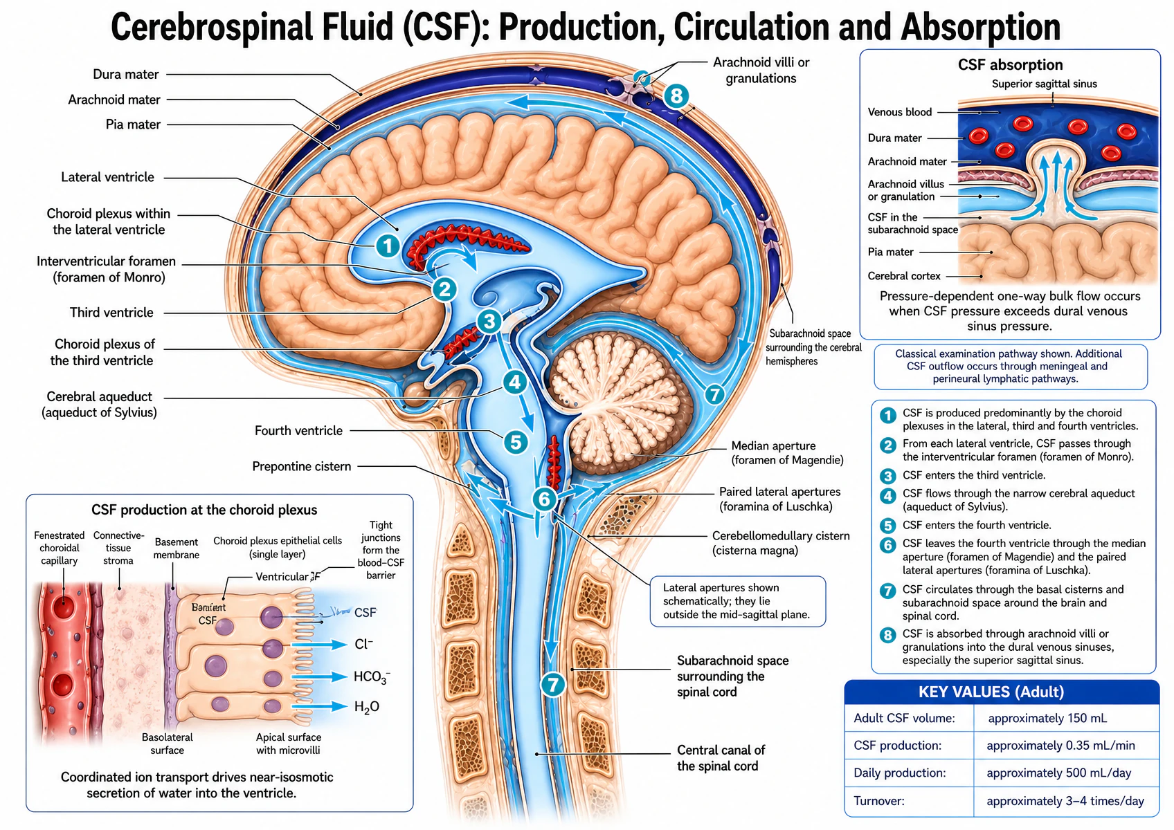 Mid-sagittal view of the brain and upper spinal cord showing the CSF pathway, numbered one to eight. Dura mater, arachnoid mater and pia mater are labelled at the vertex. CSF is produced by choroid plexus within the lateral ventricle and in the third ventricle. From each lateral ventricle it passes through the interventricular foramen, the foramen of Monro, into the third ventricle, then through the cerebral aqueduct, the aqueduct of Sylvius, into the fourth ventricle. It leaves the fourth ventricle through the median aperture, the foramen of Magendie, and the paired lateral apertures, the foramina of Luschka, into the cerebellomedullary cistern, also called the cisterna magna, and the prepontine cistern. It then circulates in the subarachnoid space surrounding the cerebral hemispheres and the spinal cord, with a central canal shown in the spinal cord, and is absorbed through arachnoid villi or granulations into the dural venous sinuses, especially the superior sagittal sinus. An inset panel shows CSF absorption in detail: the superior sagittal sinus containing venous blood, the dura mater, the arachnoid mater, an arachnoid villus or granulation projecting into the sinus, CSF in the subarachnoid space beneath it, the pia mater and the cerebral cortex, with arrows showing pressure-dependent one-way bulk flow occurring when CSF pressure exceeds dural venous sinus pressure. A note states that the classical examination pathway is shown and that additional CSF outflow occurs through meningeal and perineural lymphatic pathways, and a second note states that the lateral apertures are drawn schematically because they lie outside the mid-sagittal plane. A lower-left inset repeats CSF production at the choroid plexus. A key-values panel gives adult CSF volume approximately 150 millilitres, CSF production approximately 0.35 millilitres per minute, daily production approximately 500 millilitres per day, and turnover approximately three to four times per day.
